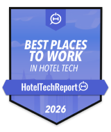 Badge stating Best Places to Work in Hotel Tech, awarded by HotelTechReport for 2026.