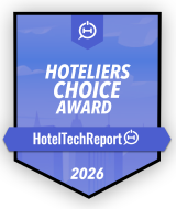 HotelTechReport Hoteliers Choice Award 2026 badge with a chat bubble and hotel icon on a blue background.