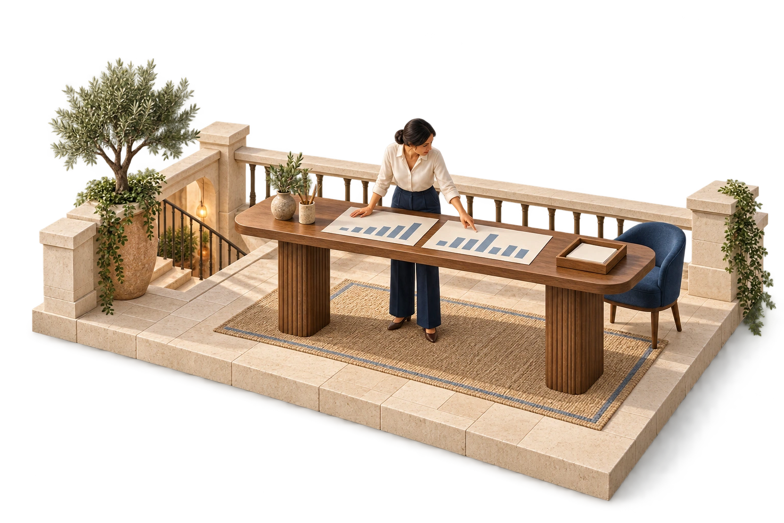 A hotel manager compares two revenue reports on a mezzanine worktable.